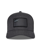 Boné Alpinestars Flag Snapback, cinzento mesclado escuro e preto, vista frontal com coroa estruturada e aba curva, remendo retangular tipo bandeira com logótipo Alpinestars e riscas, streetwear casual de motorsport
