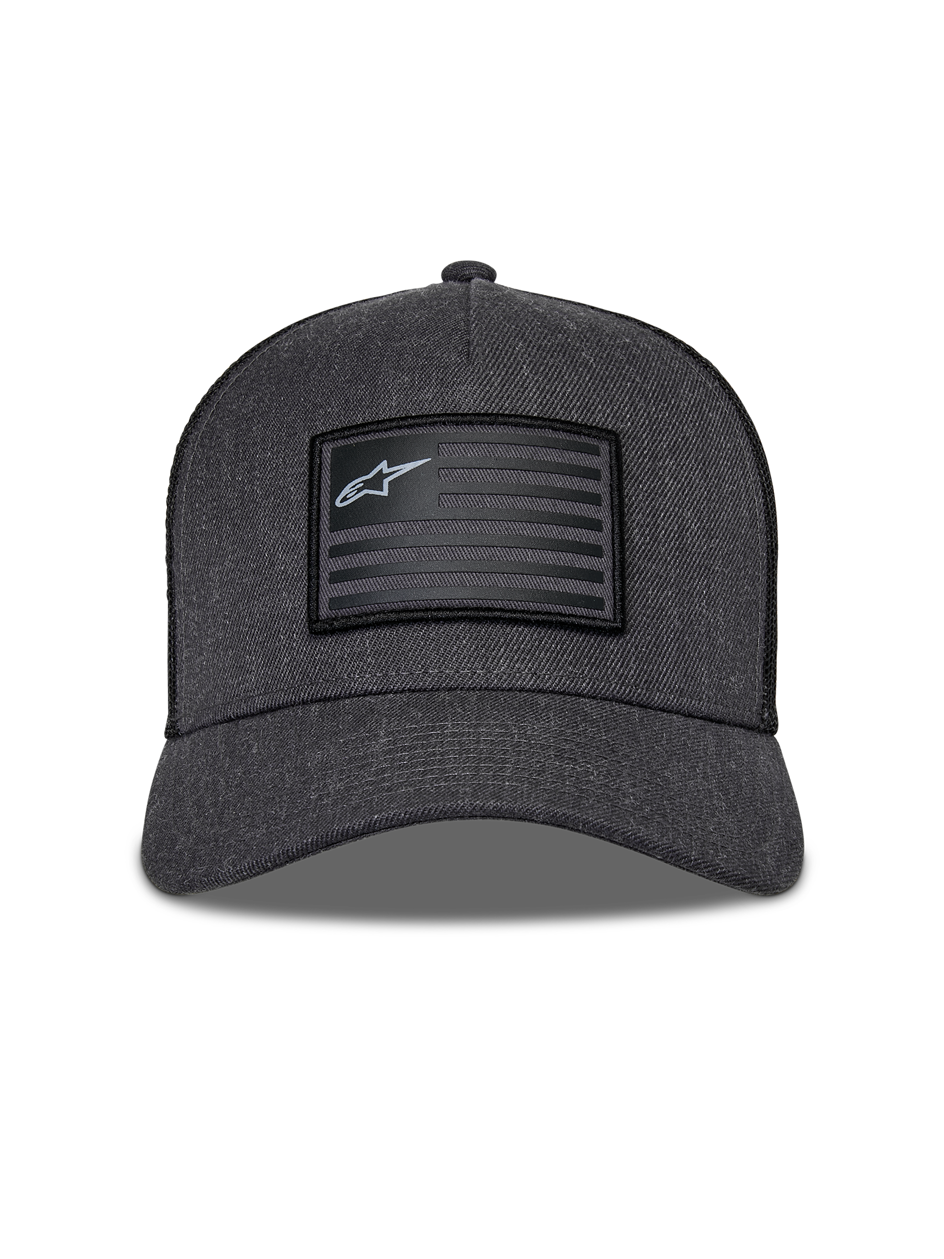 Boné Alpinestars Flag Snapback, cinzento mesclado escuro e preto, vista frontal com coroa estruturada e aba curva, remendo retangular tipo bandeira com logótipo Alpinestars e riscas, streetwear casual de motorsport