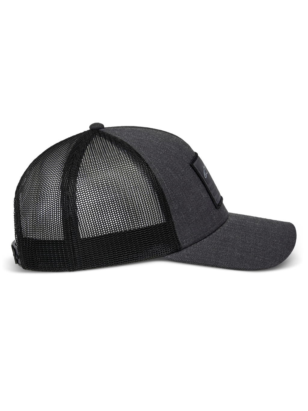 Boné Alpinestars Flag Snapback, cinzento mesclado e preto, vista de perfil com aba curva, painel frontal estruturado em sarja com remendo merrow e parte traseira em malha de poliéster respirável.