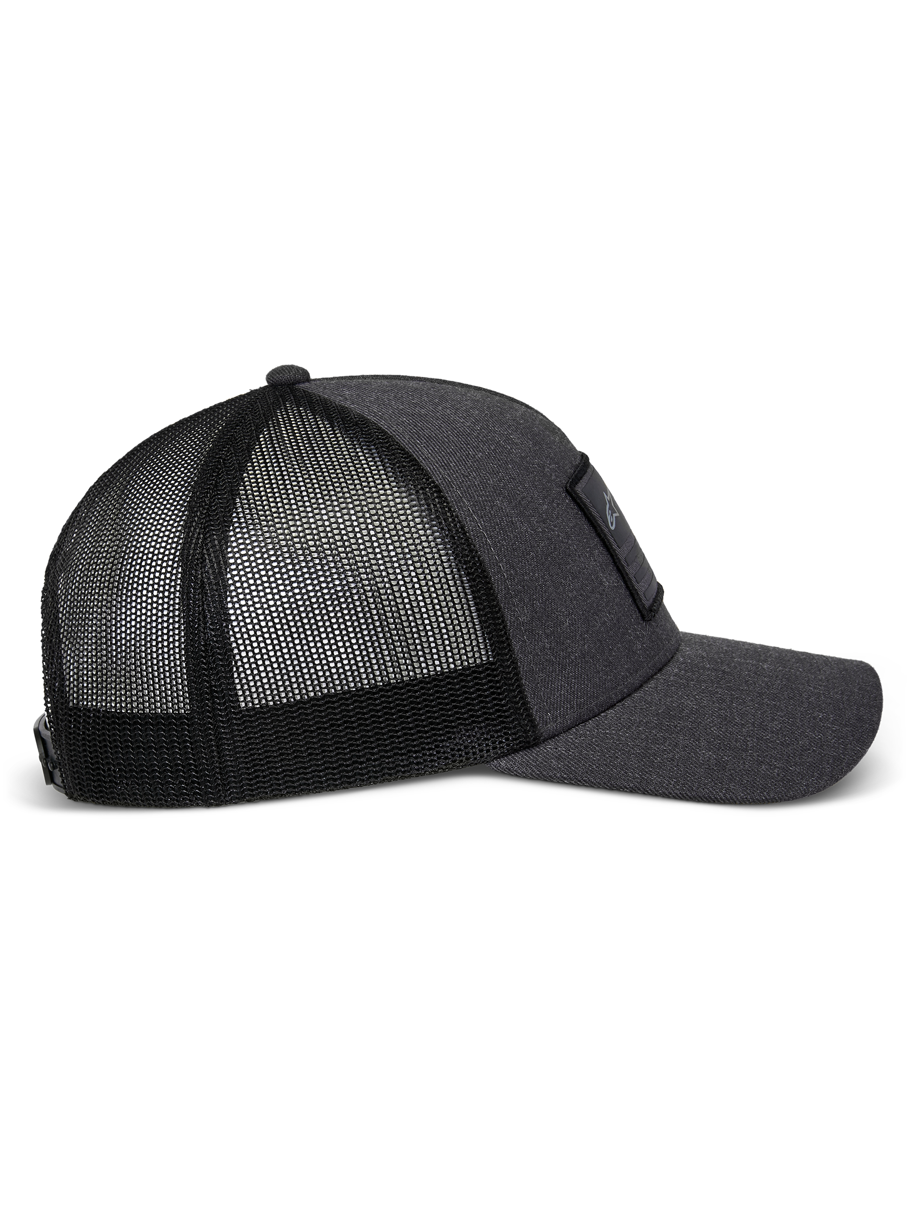 Boné Alpinestars Flag Snapback, cinzento mesclado e preto, vista de perfil com aba curva, painel frontal estruturado em sarja com remendo merrow e parte traseira em malha de poliéster respirável.