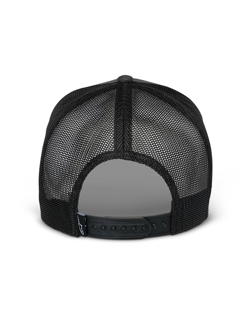 Boné Alpinestars Flag Snapback, vista traseira, Charcoal Heather Black, com painéis de malha preta respirável e fecho snapback ajustável, acessório de cabeça casual inspirado no desporto motorizado