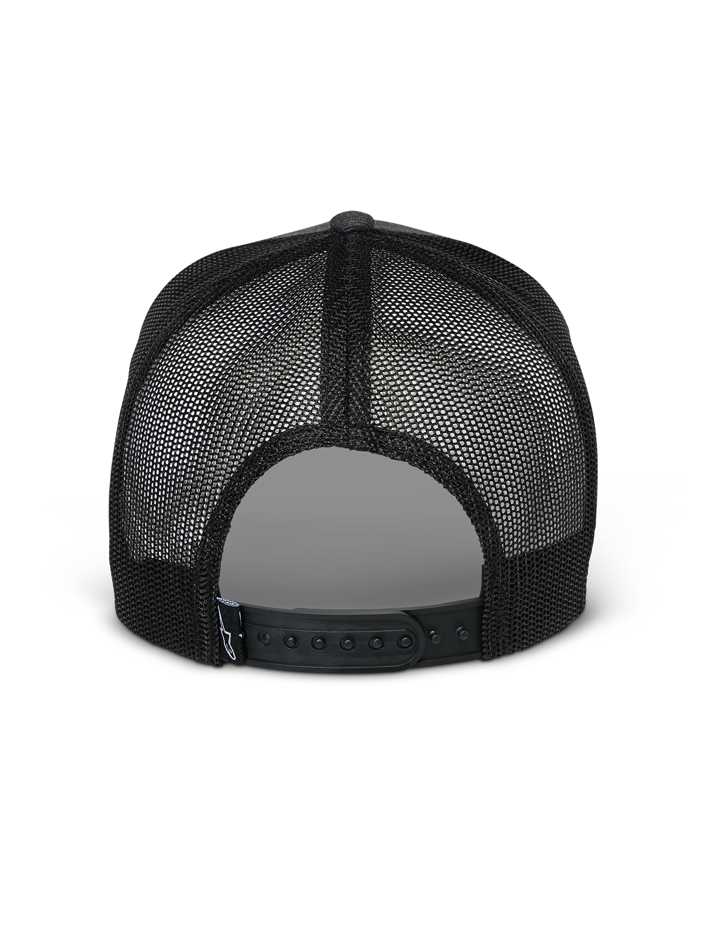 Boné Alpinestars Flag Snapback, vista traseira, Charcoal Heather Black, com painéis de malha preta respirável e fecho snapback ajustável, acessório de cabeça casual inspirado no desporto motorizado