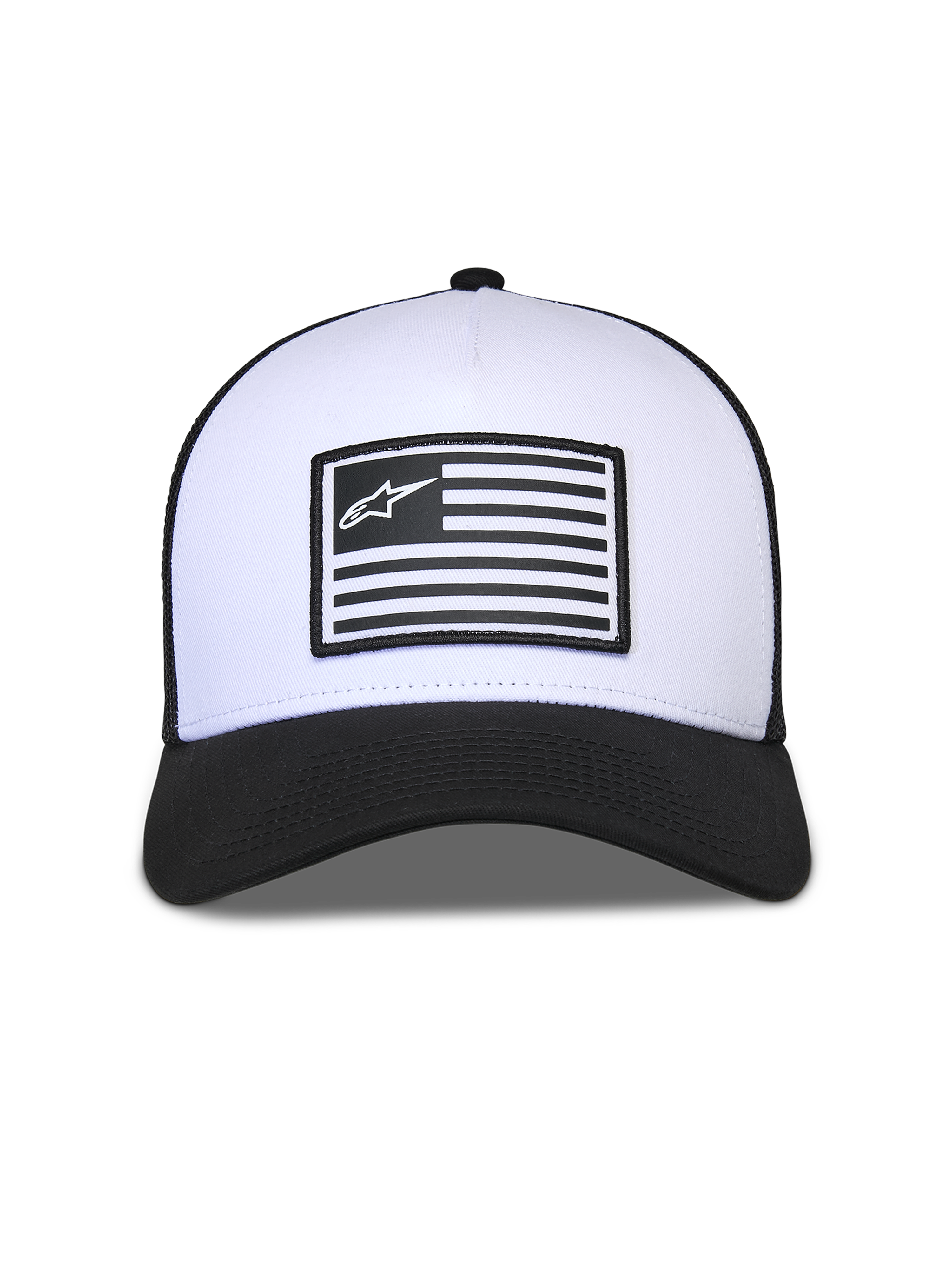 Alpinestars Flag Snapback Hat, White and Black, structured white crown with black curved bill and mesh back, features a central flag patch with Alpinestars logo, casual motorsport-inspired headwear