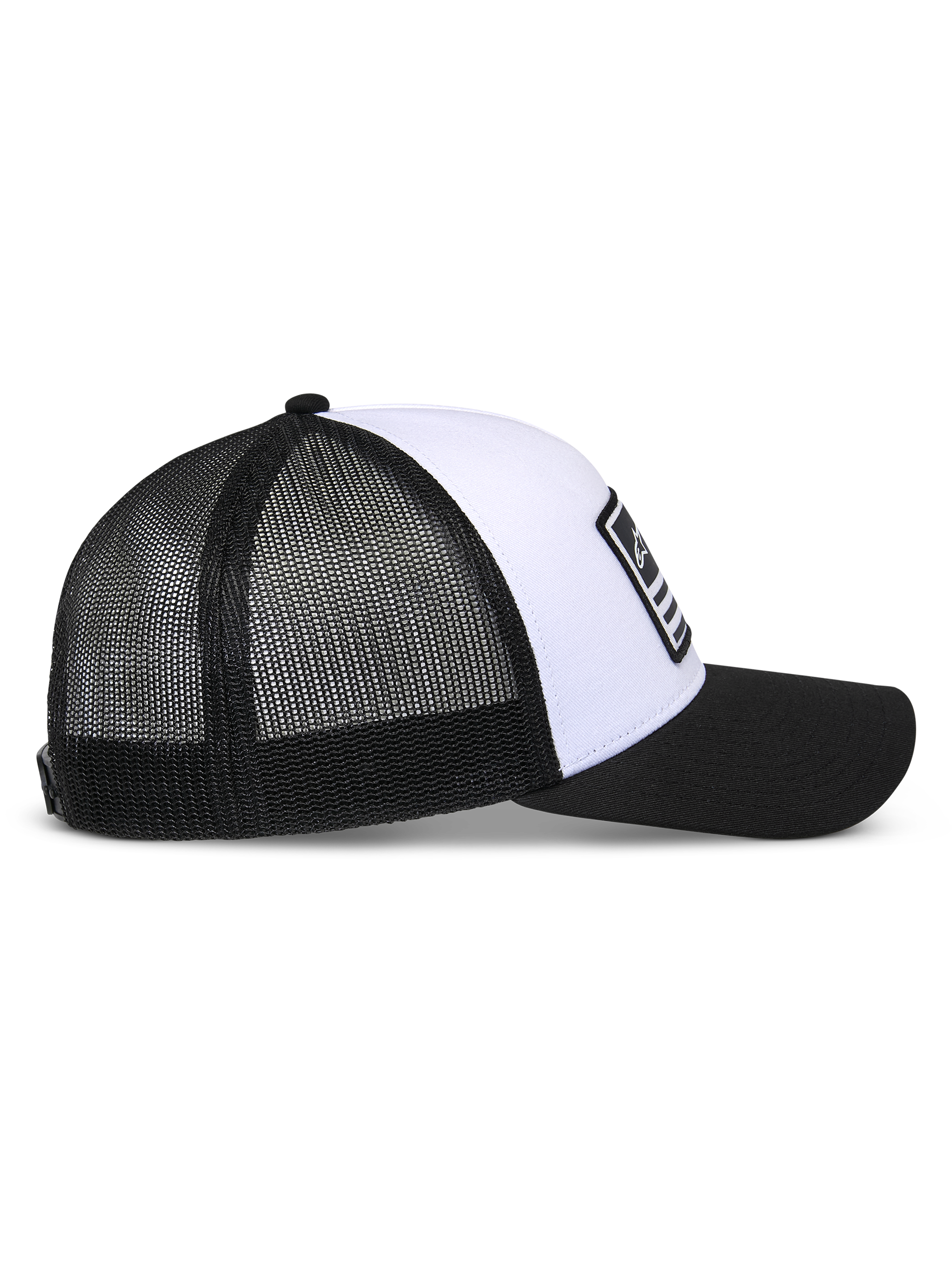 Alpinestars Flag Snapback Hat, White and Black, side profile view, structured white crown with black curved bill, breathable black mesh back panels, casual motorsport-inspired headwear