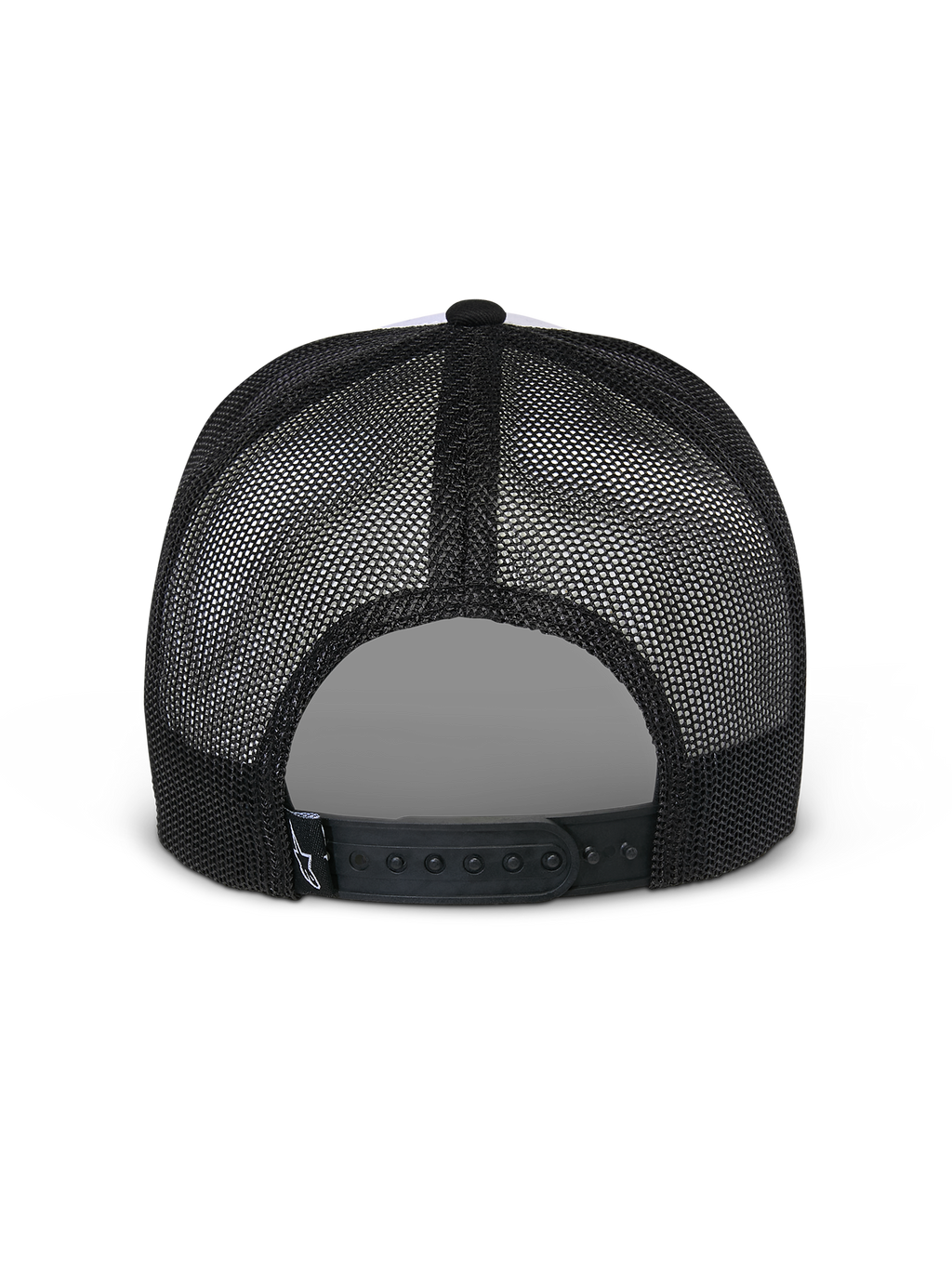 Alpinestars Flag Snapback Hat, White and Black, back view showing black mesh panels and adjustable snapback closure, casual motorsport headwear