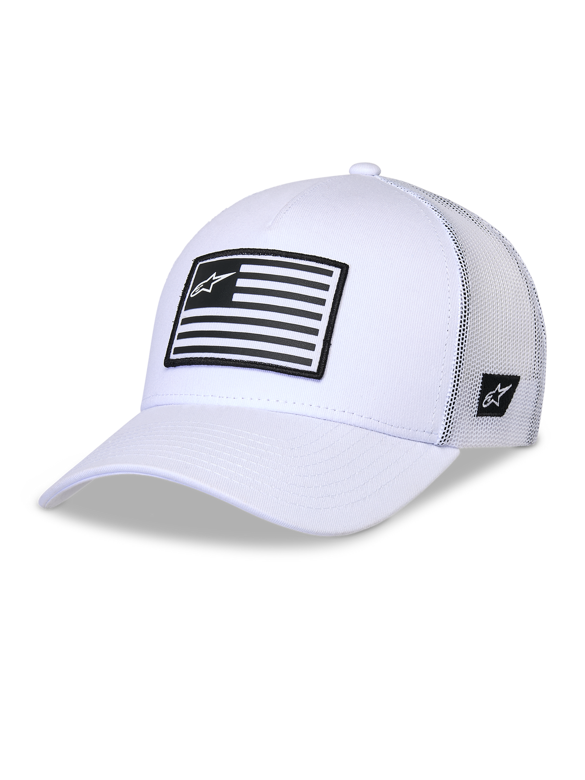 Alpinestars Flag Snapback Hat, White Trucker Cap, structured crown with curved bill, white mesh back panels, featuring a front black and white striped patch with logo, casual motorsport-inspired headwear