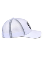 Alpinestars Flag Snapback Hat, Trucker-style cap, White, side profile showing white twill front and breathable mesh back, curved bill, black merrow patch with white logo, casual motorsport headwear