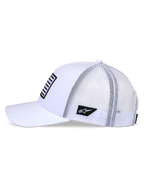 Alpinestars Flag Snapback Hat, White, side profile view of trucker-style cap with curved bill and white mesh back, featuring black logo patch on the side and striped front patch