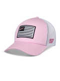 Boné Alpinestars Flag Snapback, cor-de-rosa e branco, pala curva com copa estruturada, frente em sarja com malha branca nas costas, com um remendo de bandeira em preto e branco e logótipo Astars cor-de-rosa, vestuário desportivo casual inspirado no desporto motorizado