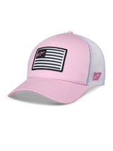 Boné Alpinestars Flag Snapback, cor-de-rosa e branco, pala curva com copa estruturada, frente em sarja com malha branca nas costas, com um remendo de bandeira em preto e branco e logótipo Astars cor-de-rosa, vestuário desportivo casual inspirado no desporto motorizado