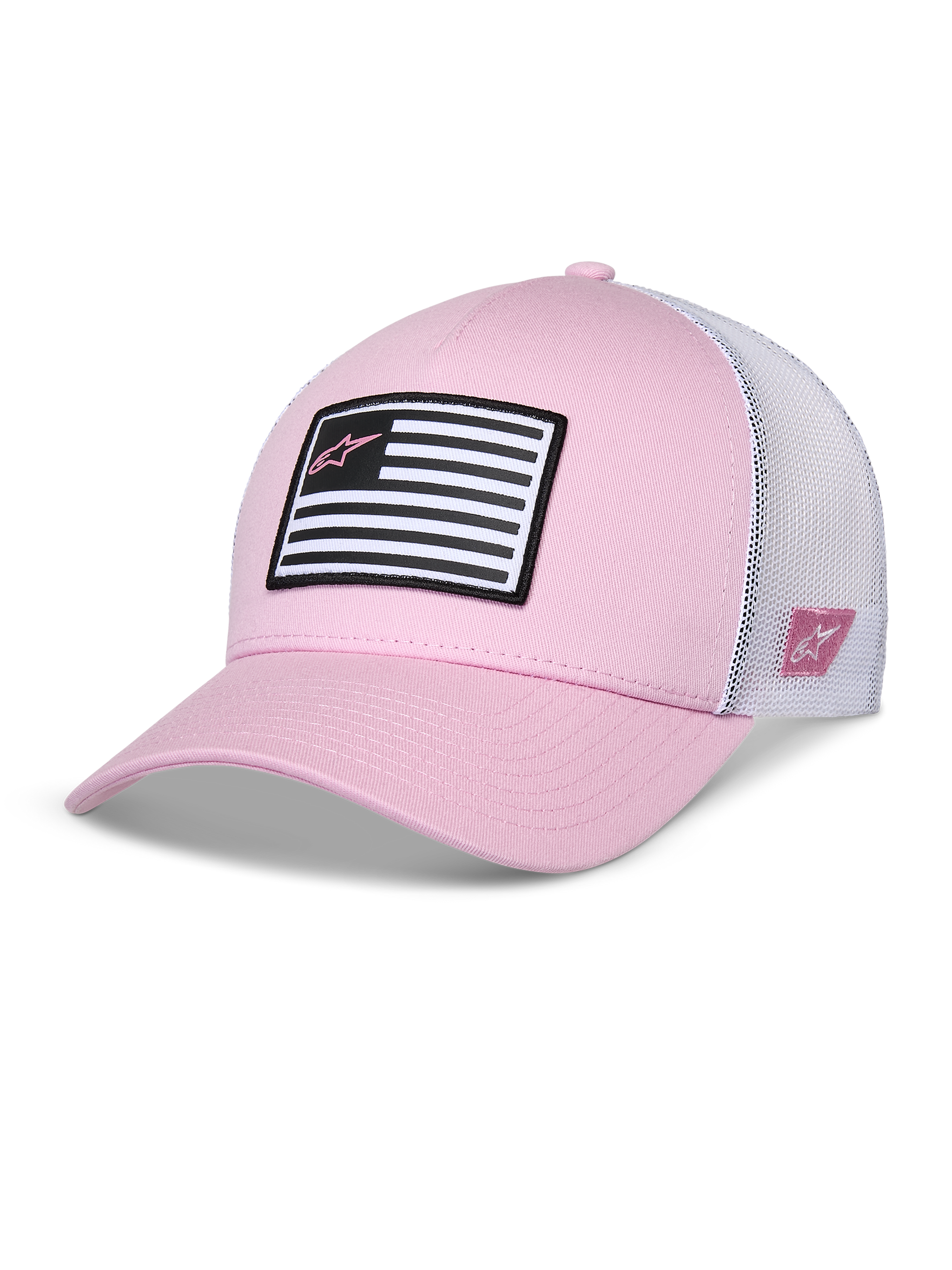 Boné Alpinestars Flag Snapback, cor-de-rosa e branco, pala curva com copa estruturada, frente em sarja com malha branca nas costas, com um remendo de bandeira em preto e branco e logótipo Astars cor-de-rosa, vestuário desportivo casual inspirado no desporto motorizado