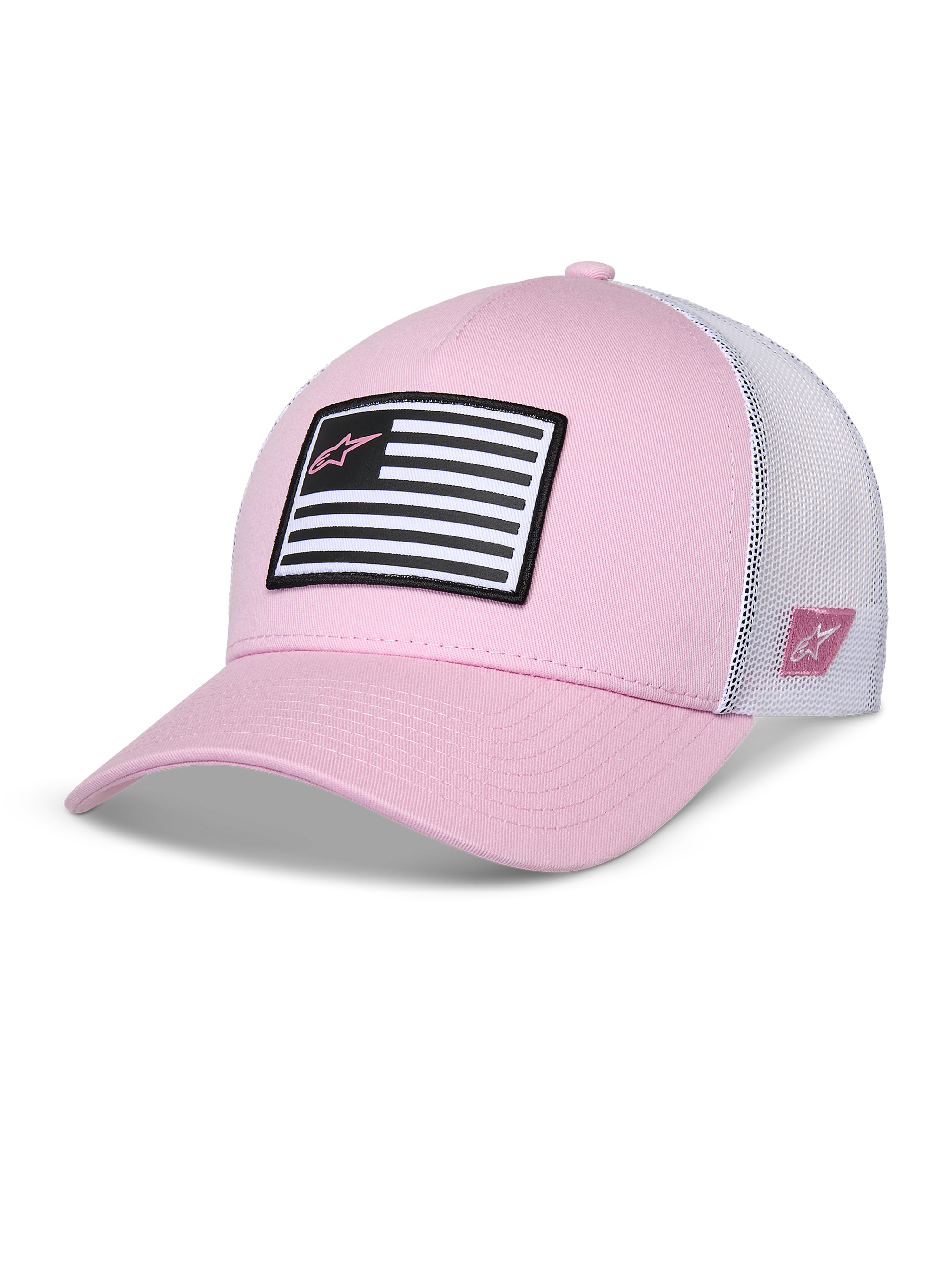 Boné Alpinestars Flag Snapback, cor-de-rosa e branco, pala curva com copa estruturada, frente em sarja com malha branca nas costas, com um remendo de bandeira em preto e branco e logótipo Astars cor-de-rosa, vestuário desportivo casual inspirado no desporto motorizado