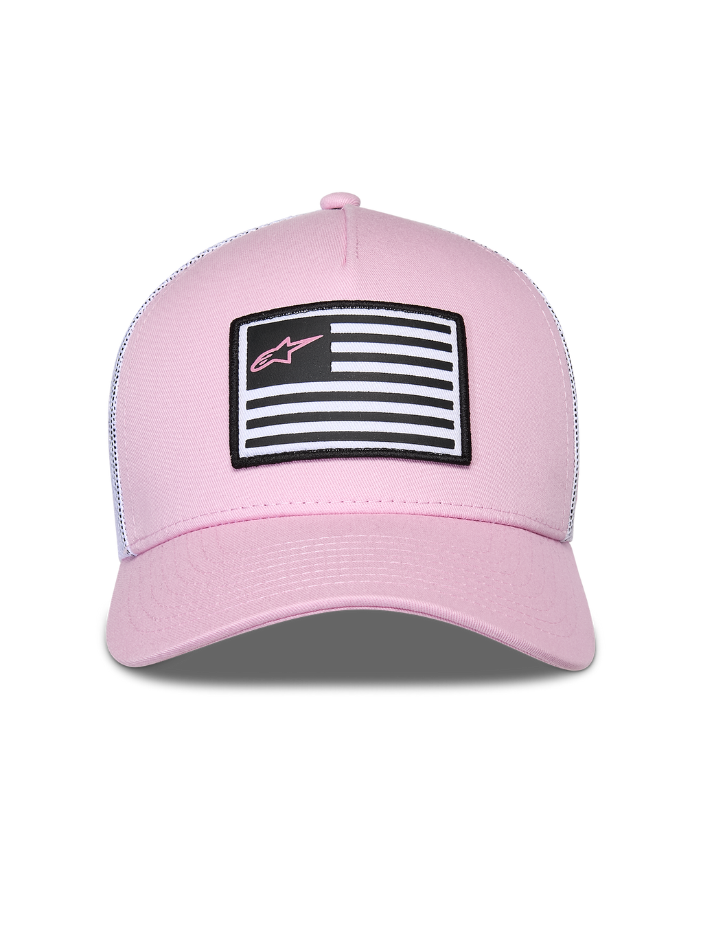 Boné Alpinestars Flag Snapback, rosa e branco, com a parte frontal em sarja rosa e malha branca atrás, pala curva, patch frontal com design de bandeira e logótipo Astars rosa, estilo casual motorsport streetwear