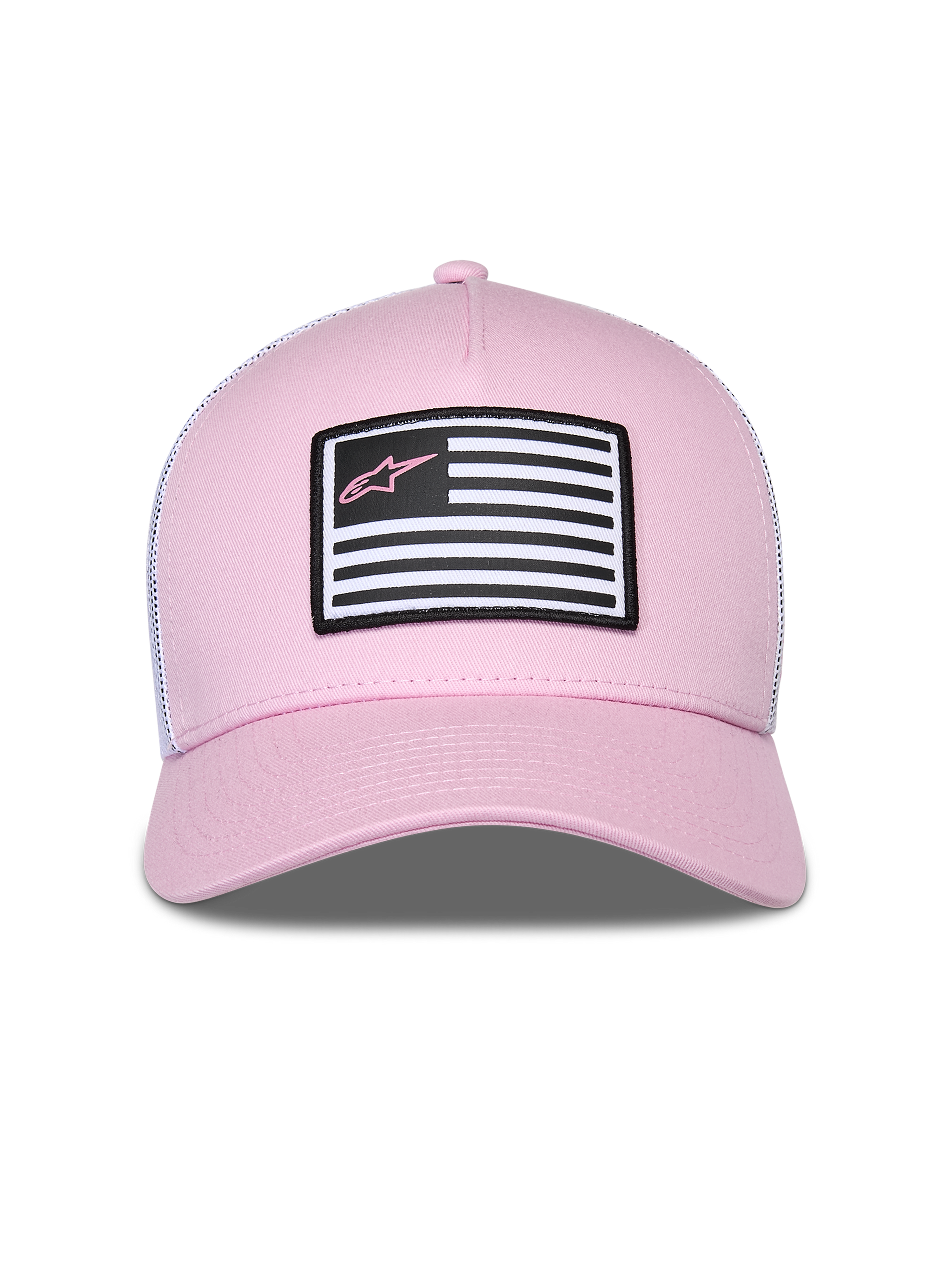 Boné Alpinestars Flag Snapback, rosa e branco, com a parte frontal em sarja rosa e malha branca atrás, pala curva, patch frontal com design de bandeira e logótipo Astars rosa, estilo casual motorsport streetwear