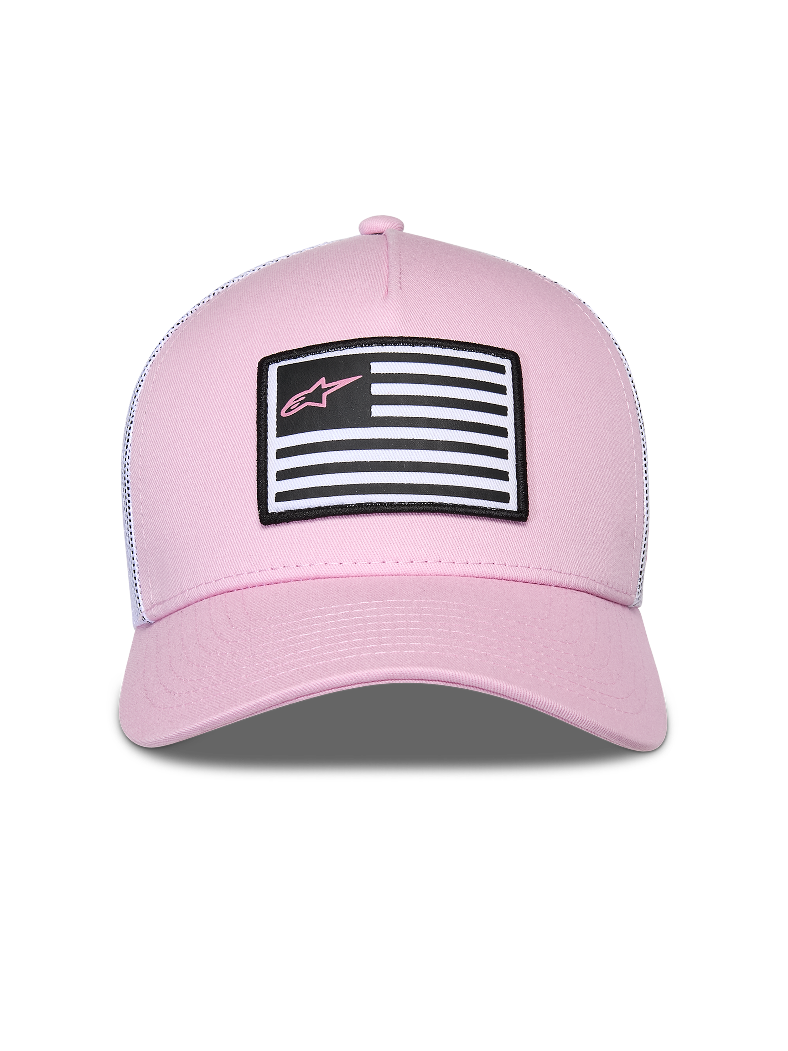 Boné Alpinestars Flag Snapback, rosa e branco, com a parte frontal em sarja rosa e malha branca atrás, pala curva, patch frontal com design de bandeira e logótipo Astars rosa, estilo casual motorsport streetwear