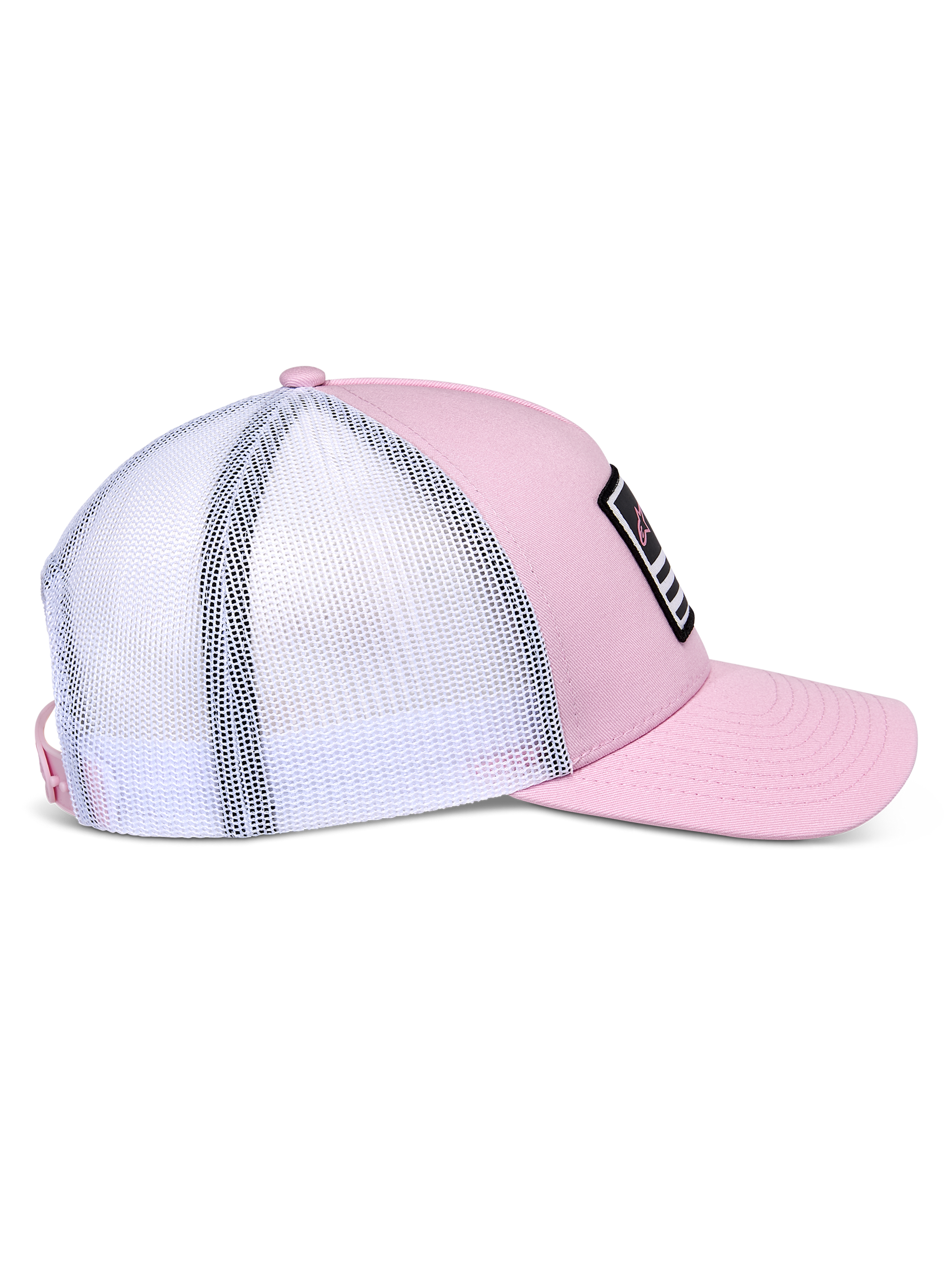 Boné Alpinestars Flag Snapback, rosa e branco, vista lateral mostrando a frente em sarja rosa e a parte traseira em malha branca, pala curva, copa estruturada, remendo preto com detalhes em branco e rosa, acessório casual inspirado no desporto motorizado