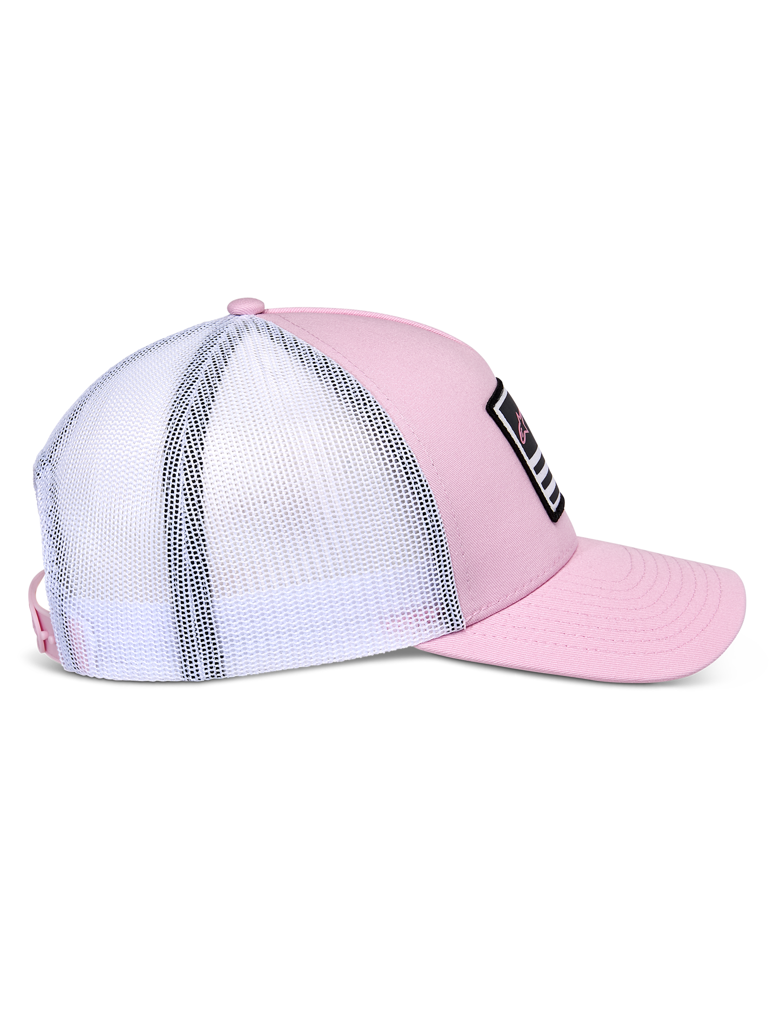 Boné Alpinestars Flag Snapback, rosa e branco, vista lateral mostrando a frente em sarja rosa e a parte traseira em malha branca, pala curva, copa estruturada, remendo preto com detalhes em branco e rosa, acessório casual inspirado no desporto motorizado