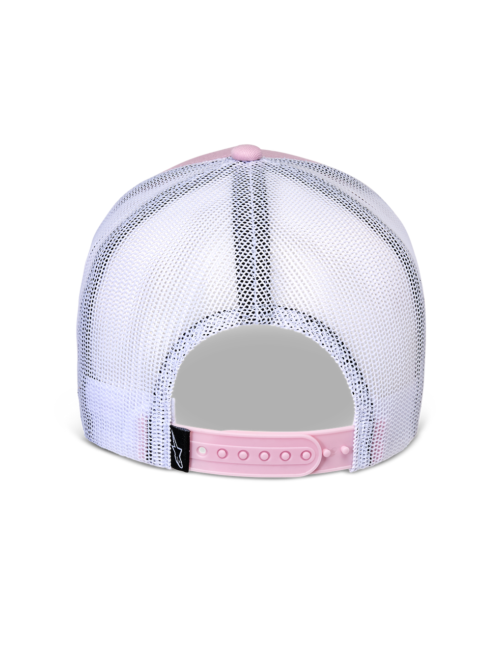 Boné Alpinestars Flag Snapback, vista traseira, rosa e branco, painéis de malha brancos respiráveis com fecho snapback ajustável rosa, pequena etiqueta preta com o logótipo Alpinestars, acessório casual inspirado no desporto motorizado