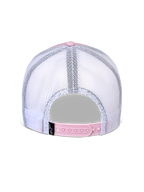 Boné Alpinestars Flag Snapback, vista traseira, rosa e branco, painéis de malha brancos respiráveis com fecho snapback ajustável rosa, pequena etiqueta preta com o logótipo Alpinestars, acessório casual inspirado no desporto motorizado