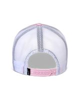 Boné Alpinestars Flag Snapback, vista traseira, rosa e branco, painéis de malha brancos respiráveis com fecho snapback ajustável rosa, pequena etiqueta preta com o logótipo Alpinestars, acessório casual inspirado no desporto motorizado