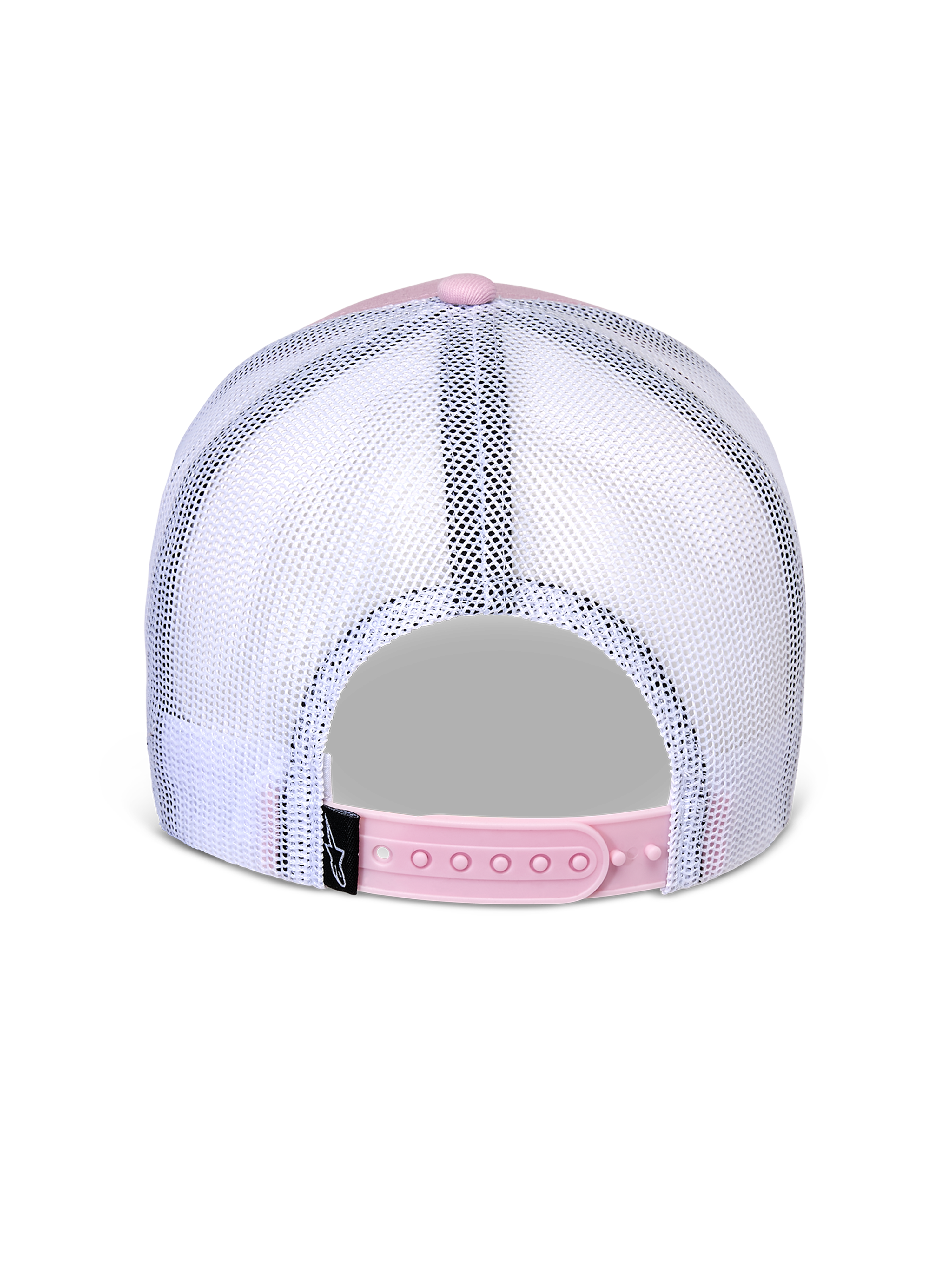 Boné Alpinestars Flag Snapback, vista traseira, rosa e branco, painéis de malha brancos respiráveis com fecho snapback ajustável rosa, pequena etiqueta preta com o logótipo Alpinestars, acessório casual inspirado no desporto motorizado