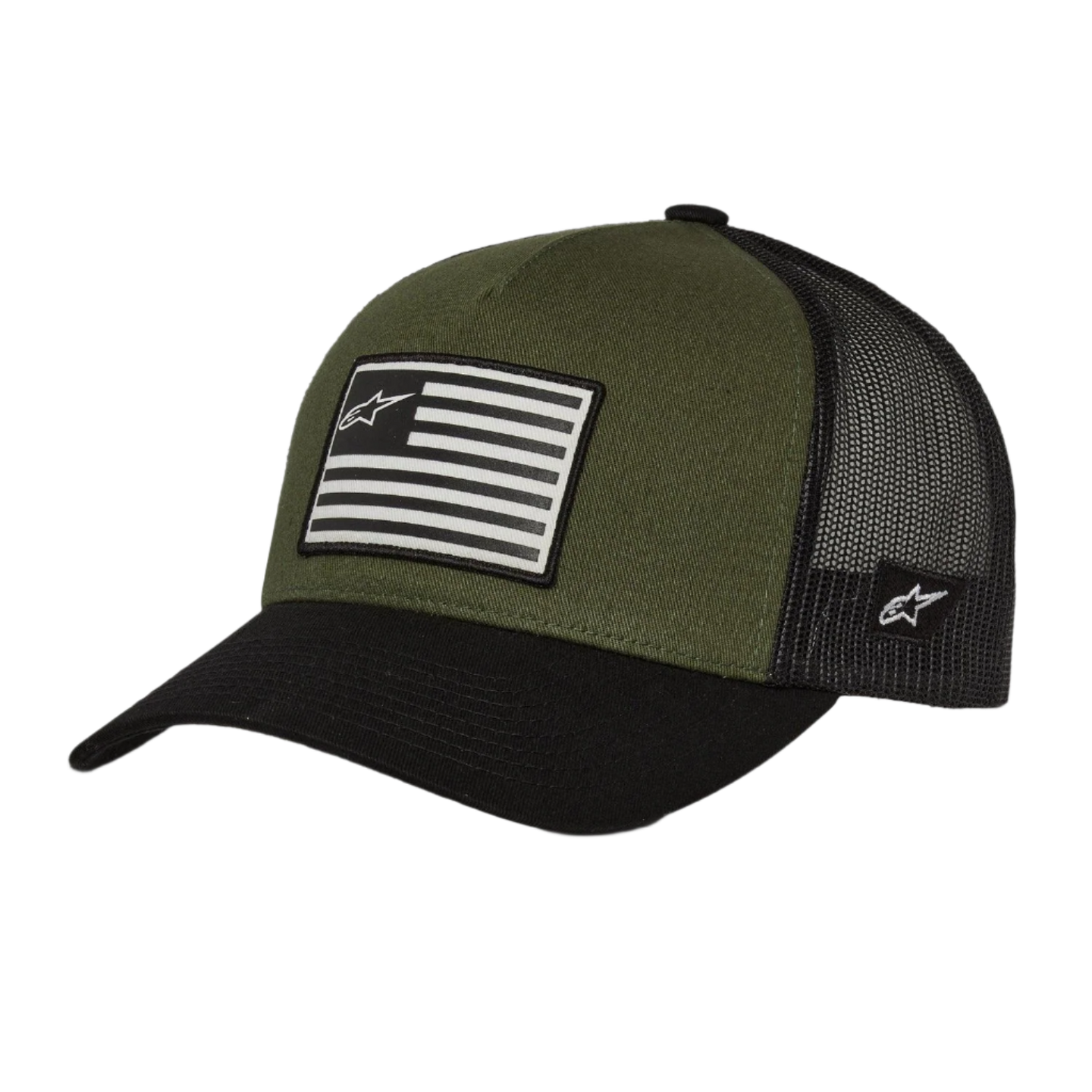 Alpinestars Flag Snapback Hat, cor Military Black, copa verde tropa com pala curva preta e parte traseira em malha, patch de bandeira impresso na frente com logótipo, design casual de sportswear