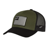Alpinestars Flag Snapback Hat, cor Military Black, copa verde tropa com pala curva preta e parte traseira em malha, patch de bandeira impresso na frente com logótipo, design casual de sportswear