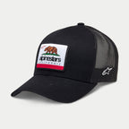 Alpinestars Cali 2.0 Hat, Black Trucker Cap, woven patch with California bear and Alpinestars branding, curved bill, breathable mesh back, white embroidered star logo on the side