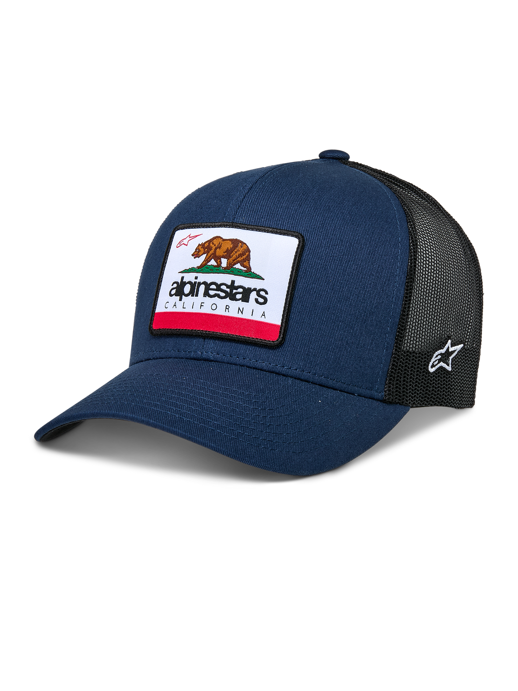 Alpinestars Cali 2.0 Hat, boné trucker azul marinho e preto, com um grande remendo do Urso da Califórnia e logótipo Alpinestars, pala curva, rede preta respirável na parte de trás, acessório casual de desportos motorizados