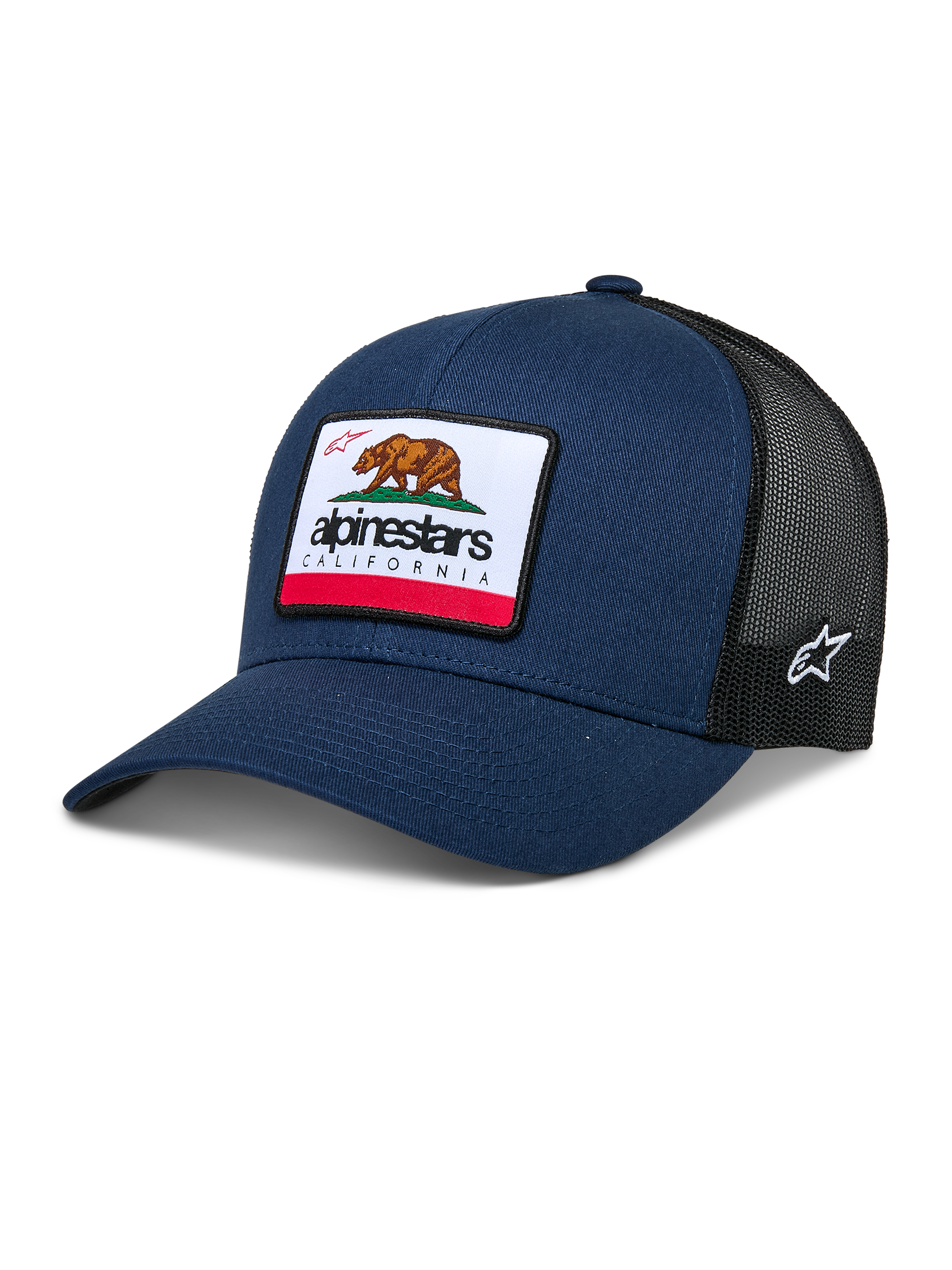 Alpinestars Cali 2.0 Hat, boné trucker azul marinho e preto, com um grande remendo do Urso da Califórnia e logótipo Alpinestars, pala curva, rede preta respirável na parte de trás, acessório casual de desportos motorizados