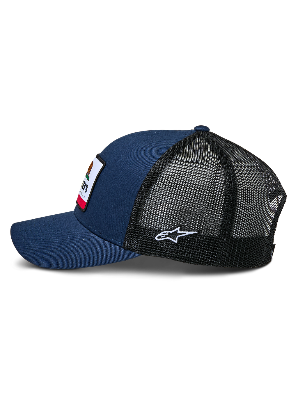 Boné Alpinestars Cali 2.0, azul-marinho e preto, vista lateral, frente em sarja com remendo tecido com borda merrow, parte traseira em malha de poliéster preta com logótipo de estrela bordado a branco, pala curva, acessório de cabeça casual inspirado no desporto motorizado