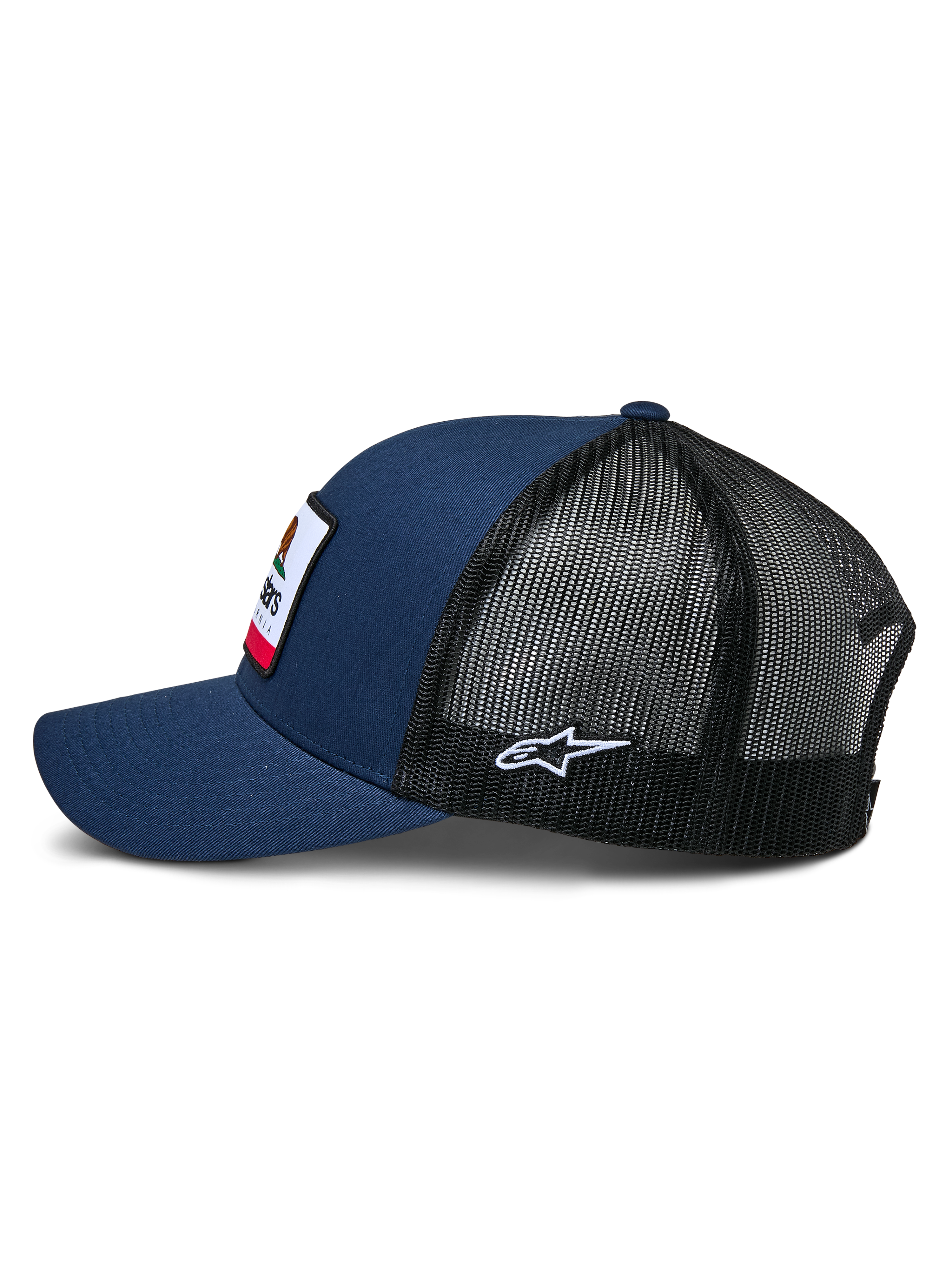 Boné Alpinestars Cali 2.0, azul-marinho e preto, vista lateral, frente em sarja com remendo tecido com borda merrow, parte traseira em malha de poliéster preta com logótipo de estrela bordado a branco, pala curva, acessório de cabeça casual inspirado no desporto motorizado