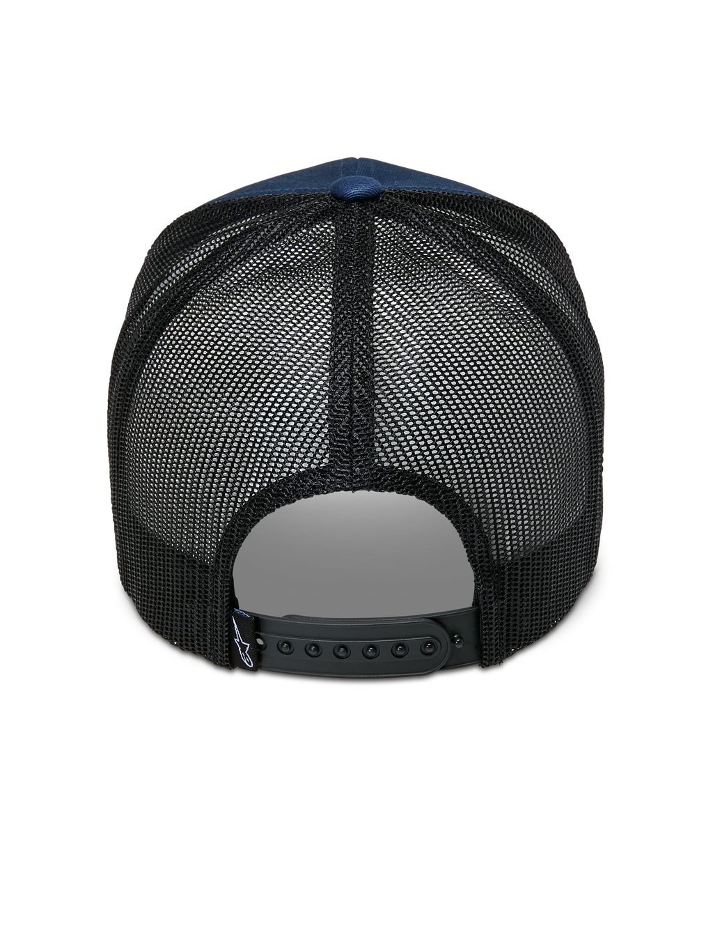 Boné Alpinestars Cali 2.0, azul marinho e preto, vista traseira mostrando a parte de trás em malha de poliéster respirável, fecho snapback preto ajustável e pequena etiqueta com logótipo, design casual de boné trucker