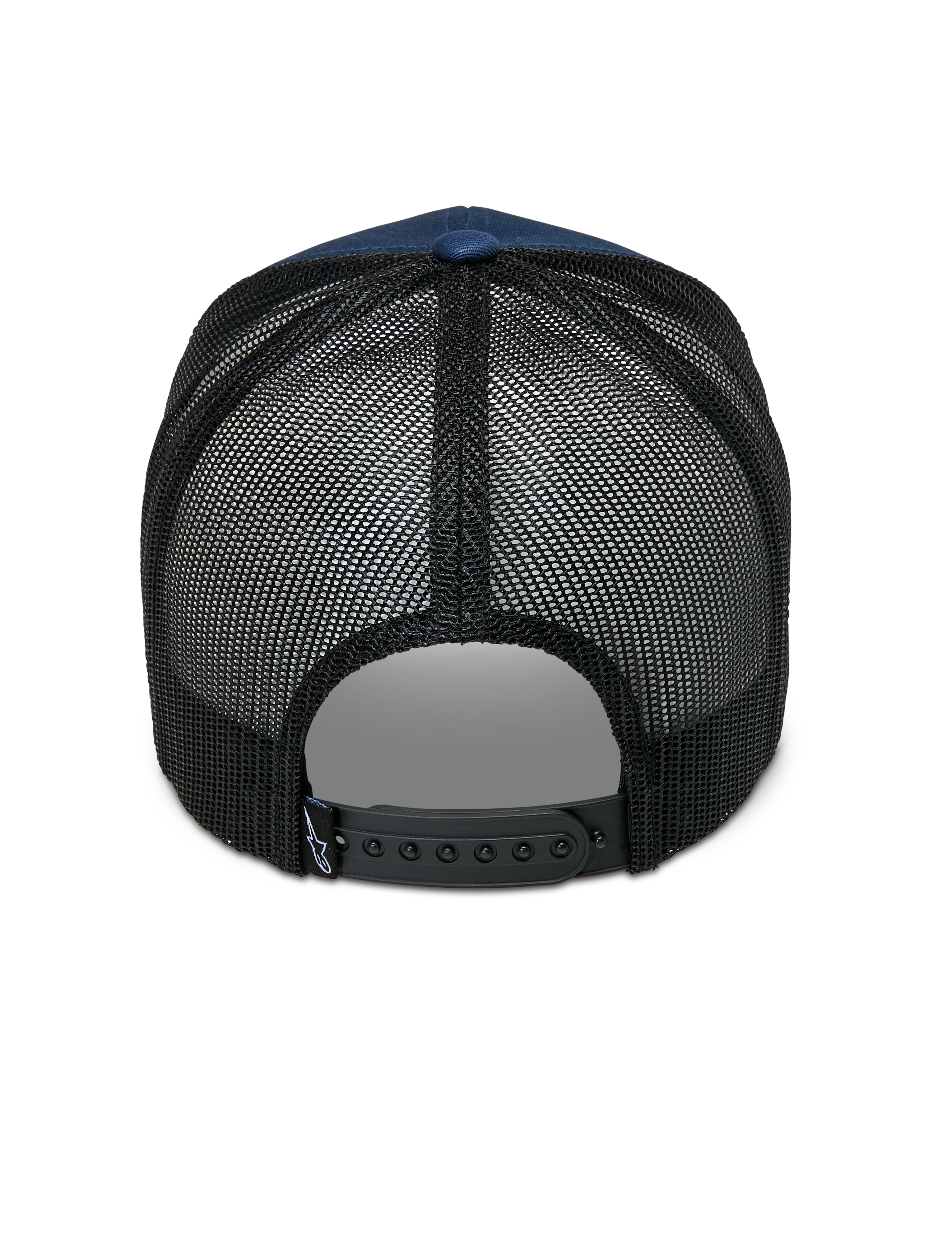 Boné Alpinestars Cali 2.0, azul marinho e preto, vista traseira mostrando a parte de trás em malha de poliéster respirável, fecho snapback preto ajustável e pequena etiqueta com logótipo, design casual de boné trucker