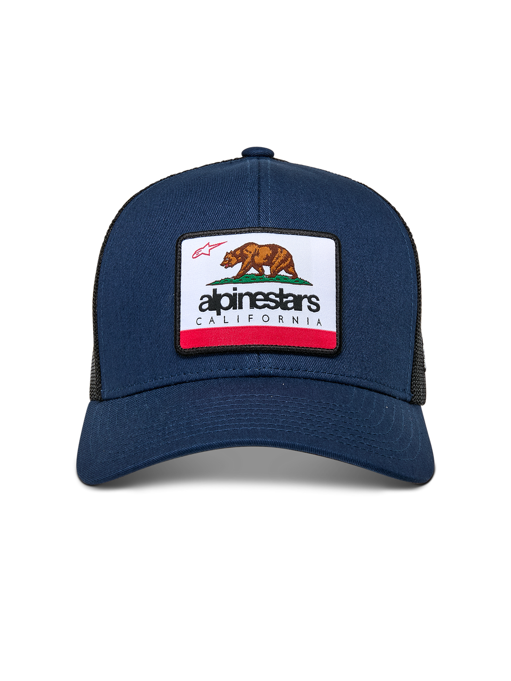 Boné Alpinestars Cali 2.0, azul-marinho, com remendo tecido de borda merrow com um urso da Califórnia e logótipo Alpinestars, pala curva, coroa estruturada com malha de poliéster na parte de trás, estilo casual motorsport streetwear