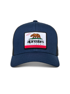 Boné Alpinestars Cali 2.0, azul-marinho, com remendo tecido de borda merrow com um urso da Califórnia e logótipo Alpinestars, pala curva, coroa estruturada com malha de poliéster na parte de trás, estilo casual motorsport streetwear