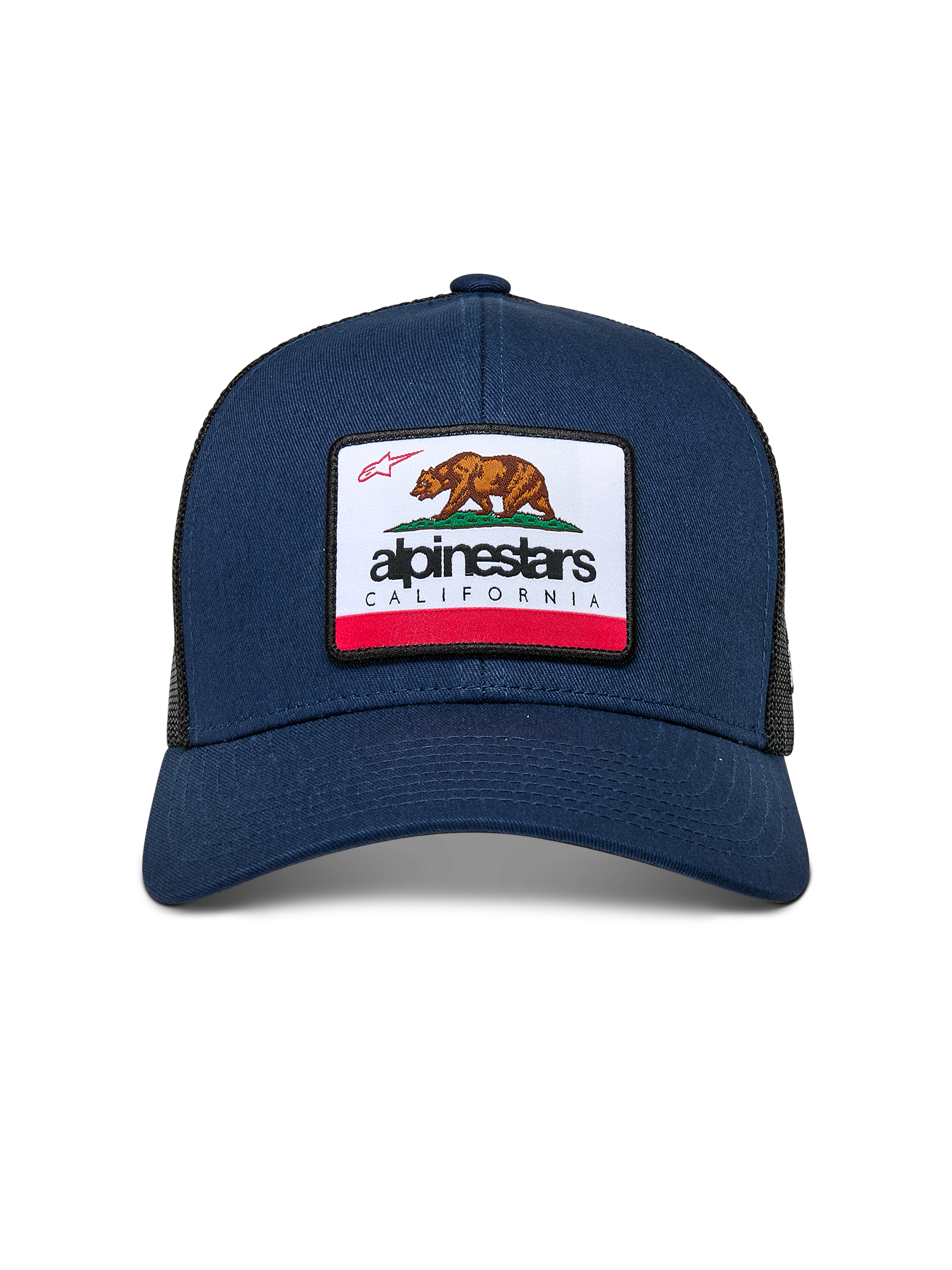 Boné Alpinestars Cali 2.0, azul-marinho, com remendo tecido de borda merrow com um urso da Califórnia e logótipo Alpinestars, pala curva, coroa estruturada com malha de poliéster na parte de trás, estilo casual motorsport streetwear