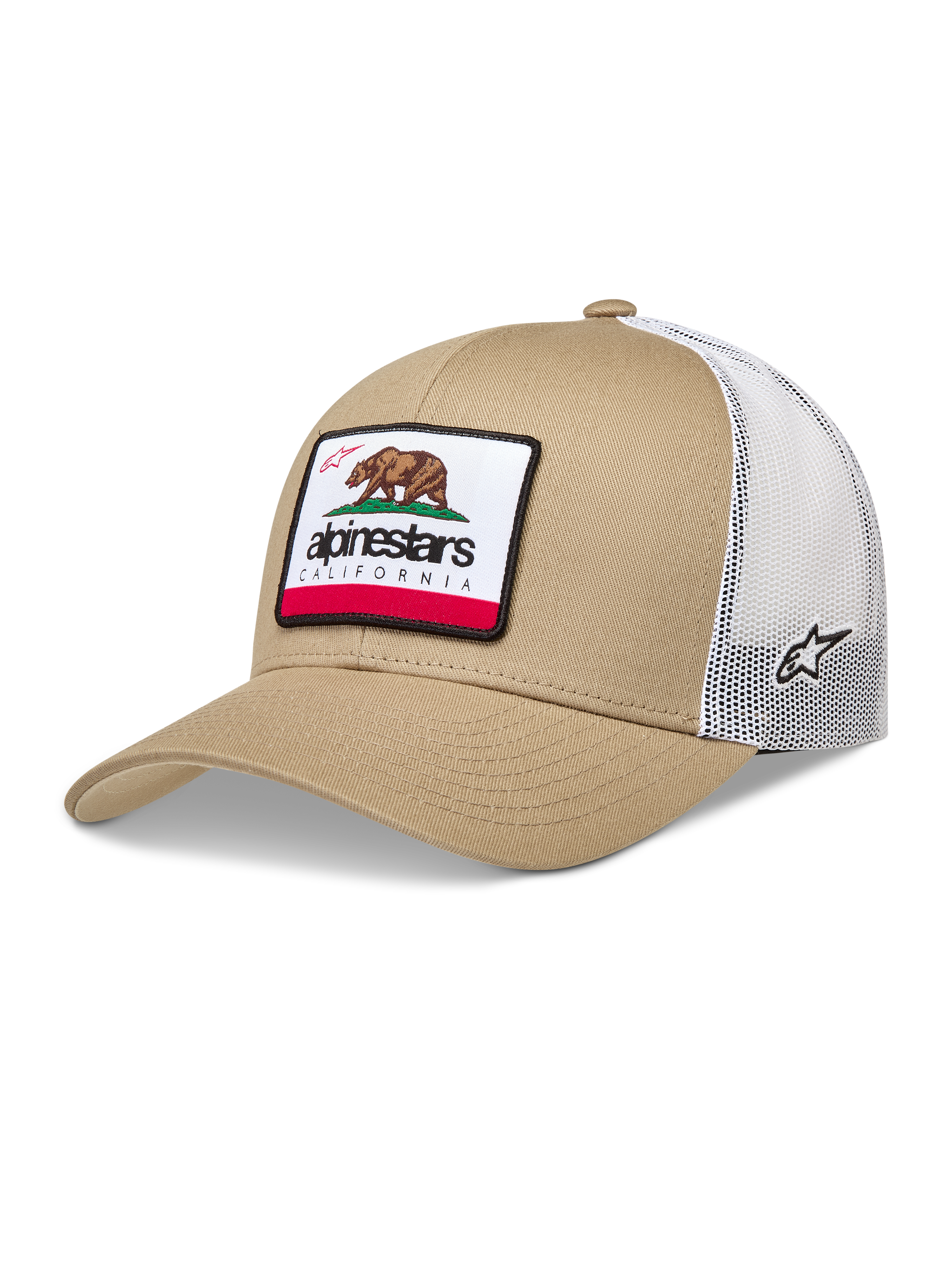 Alpinestars Cali 2.0 Chapéu, boné trucker cáqui e branco, com malha traseira, aba curva e patch tecido do urso da Califórnia.