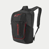 Alpinestars GFX V2 Backpack, Black and Red, mid-size sportswear backpack featuring red Astars logo and vertical branding, side mesh water bottle pocket, and padded air-mesh shoulder straps
