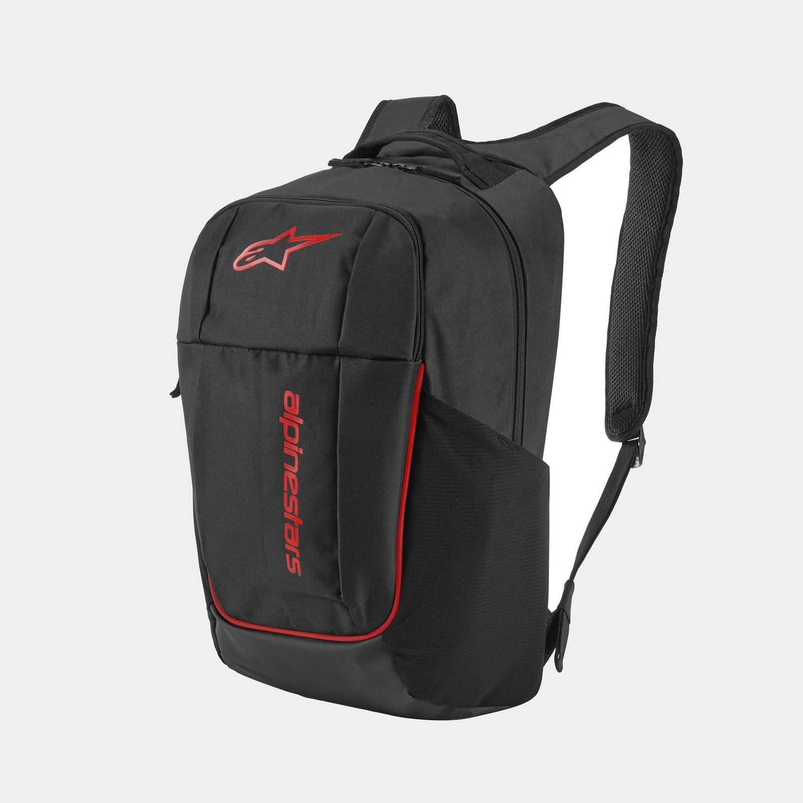 Alpinestars GFX V2 Backpack, Black and Red, mid-size sportswear backpack featuring red Astars logo and vertical branding, side mesh water bottle pocket, and padded air-mesh shoulder straps