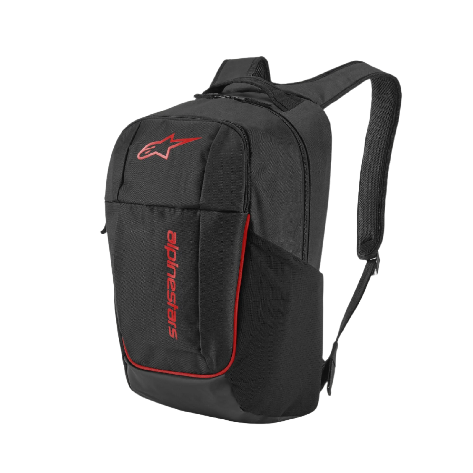 Alpinestars GFX V2 Backpack, Mid Size Daily Backpack, Black and Red, featuring red printed logo branding and vertical wordmark, side mesh water bottle pockets, padded air mesh shoulder straps, durable 600D polyester for daily use