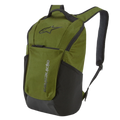 Mochila Alpinestars Defcon V2, mochila de sportswear, verde militar com detalhes em preto, com o logótipo Astar e marca vertical, bolsos laterais em rede e alças de ombro acolchoadas em malha ventilada