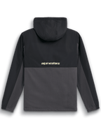 Alpinestars Juncture Hybrid Jacket, Back View, Black and Gunmetal, mixed-material anorak with ripstop yoke and hood, features 'alpinestars' logo across the center back, casual motorsport streetwear