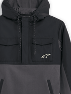 Alpinestars Juncture Hybrid Jacket, Black and Gunmetal, close-up view of the front, mixed-material anorak with ripstop chest pockets and canvas fleece body, Alpinestars star logo on chest, drawstring hood, casual motorsport streetwear