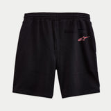 Alpinestars Dunker Short, calções de treino em fleece, pretos, vista traseira com bolso embutido e logótipo 'Ageless' vermelho e branco, cintura elástica, vestuário desportivo casual