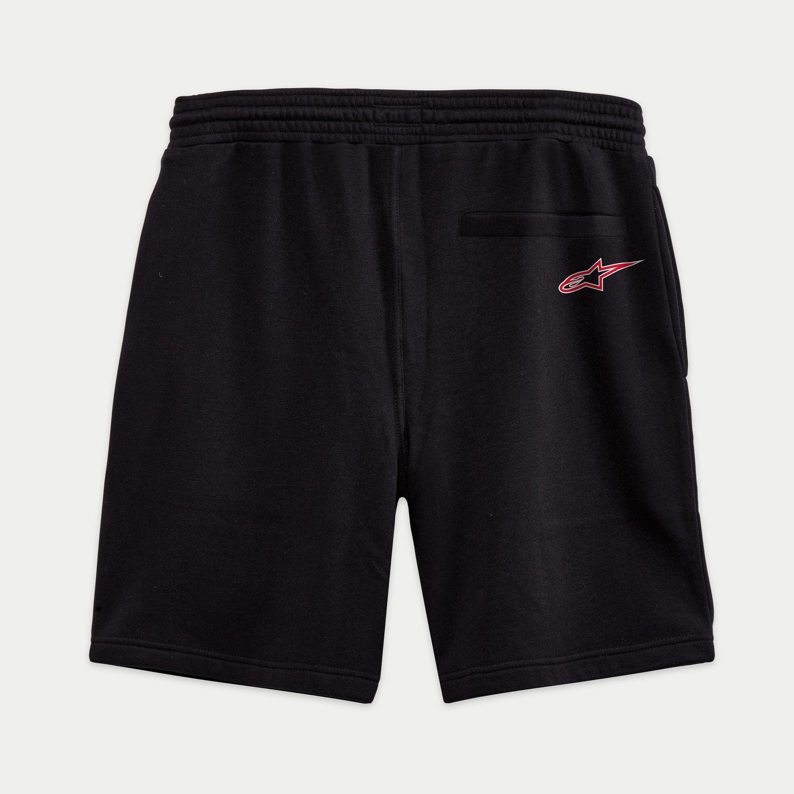 Alpinestars Dunker Short, calções de treino em fleece, pretos, vista traseira com bolso embutido e logótipo 'Ageless' vermelho e branco, cintura elástica, vestuário desportivo casual
