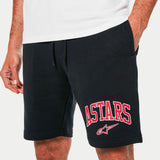 Alpinestars Dunker Short, calções de treino pretos em fleece, logótipo "ASTARS" e logótipo da estrela em vermelho e branco na perna esquerda, bolsos laterais e cintura elástica com cordão, vestuário casual desportivo