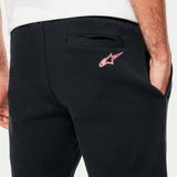 Alpinestars Dunker Short, calções de treino pretos em fleece, destaque para o bolso traseiro embutido e logótipo Ageless vermelho e branco na anca, vestuário casual e desportivo
