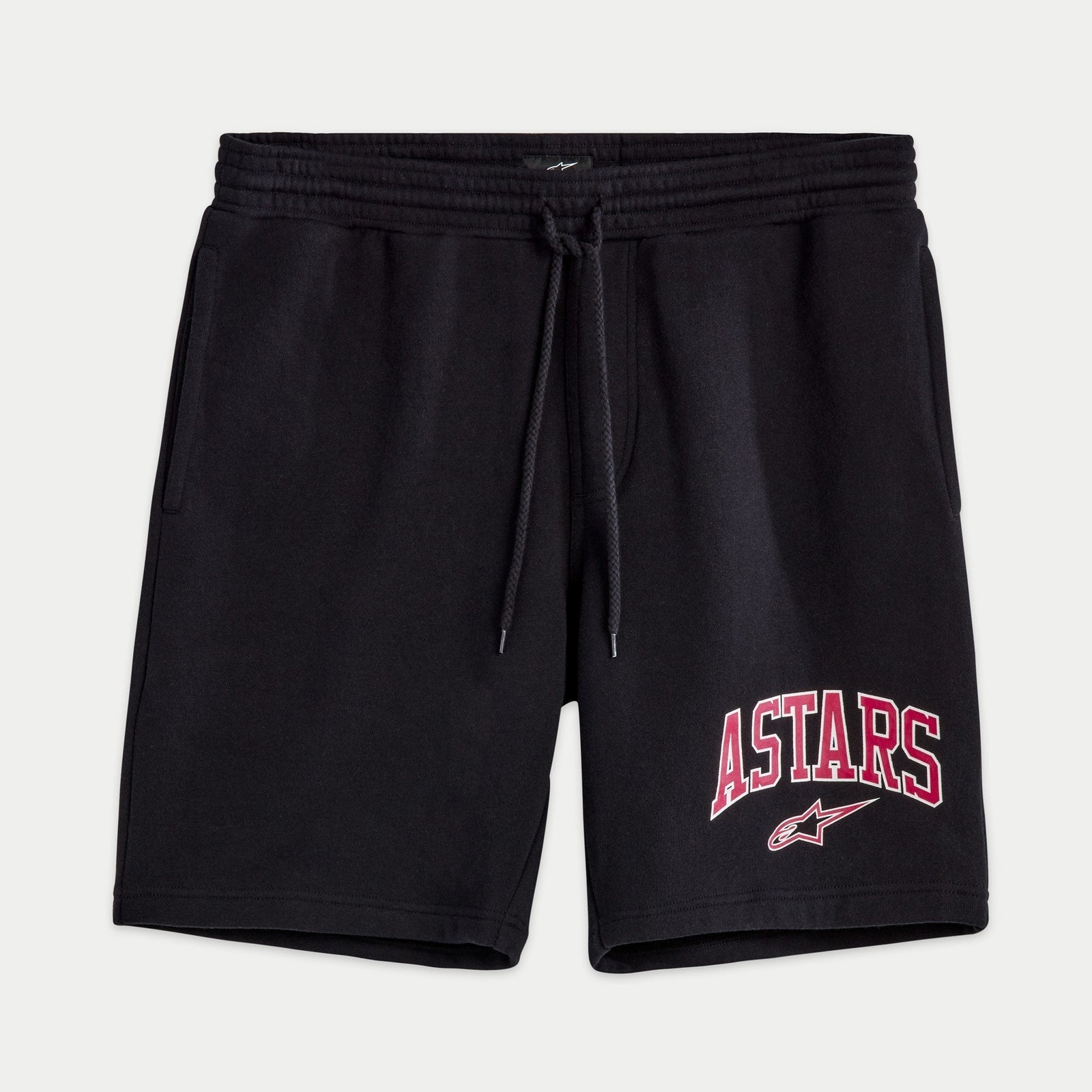 Alpinestars Dunker Short, calções de treino pretos em fleece, cintura elástica com cordão, logótipo "ASTARS" rosa com contorno branco e logótipo de estrela na perna, bolsos laterais, vestuário casual desportivo