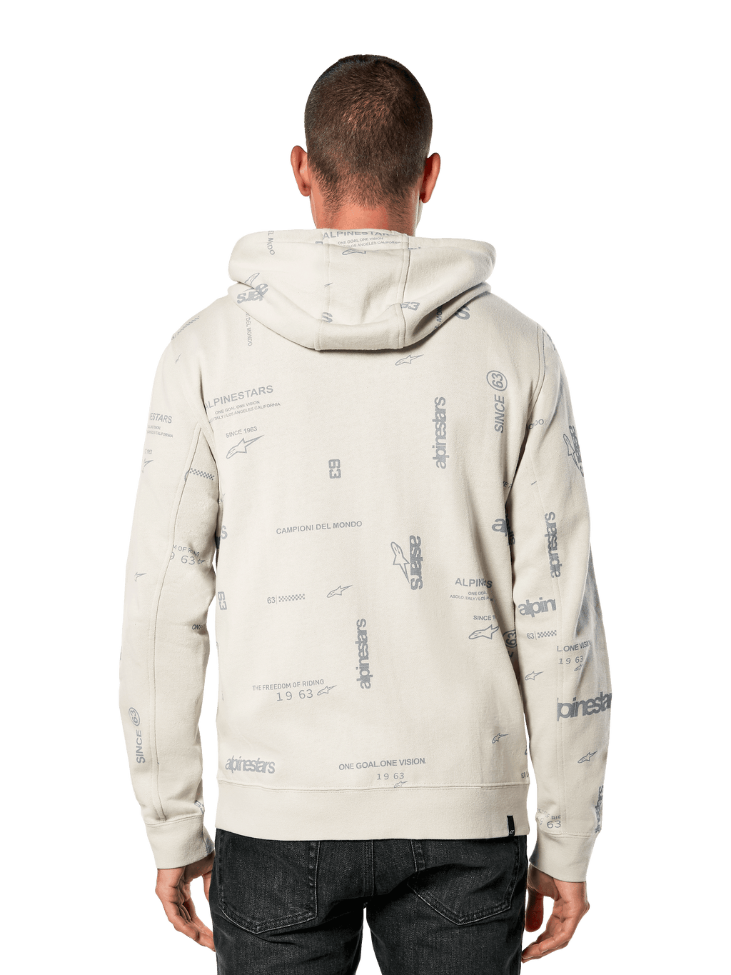 Alpinestars Plenitude Hoodie, back view, Off White with all-over gray print featuring brand slogans and logos, casual sportswear, ribbed cuffs and hem, hooded sweatshirt for everyday wear